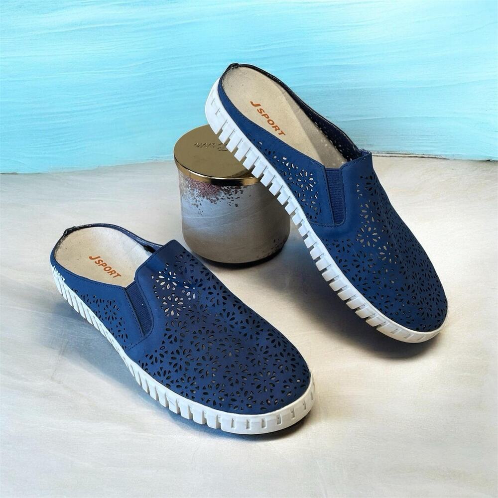 JSPORT Women’s 8 Slip On Mule Flat Navy Blue Floral Summer Slides Casual Summer